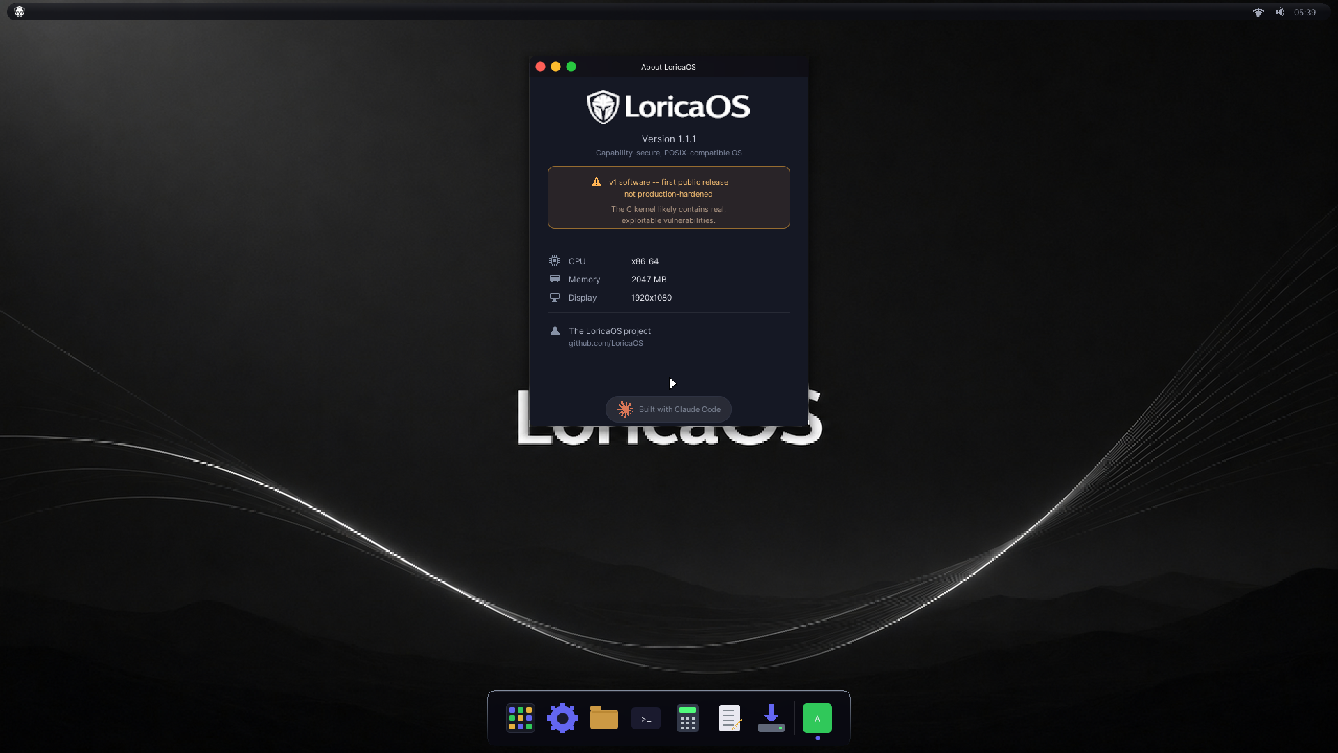 The LoricaOS desktop at 1080p — wallpaper, dock, top bar, About window