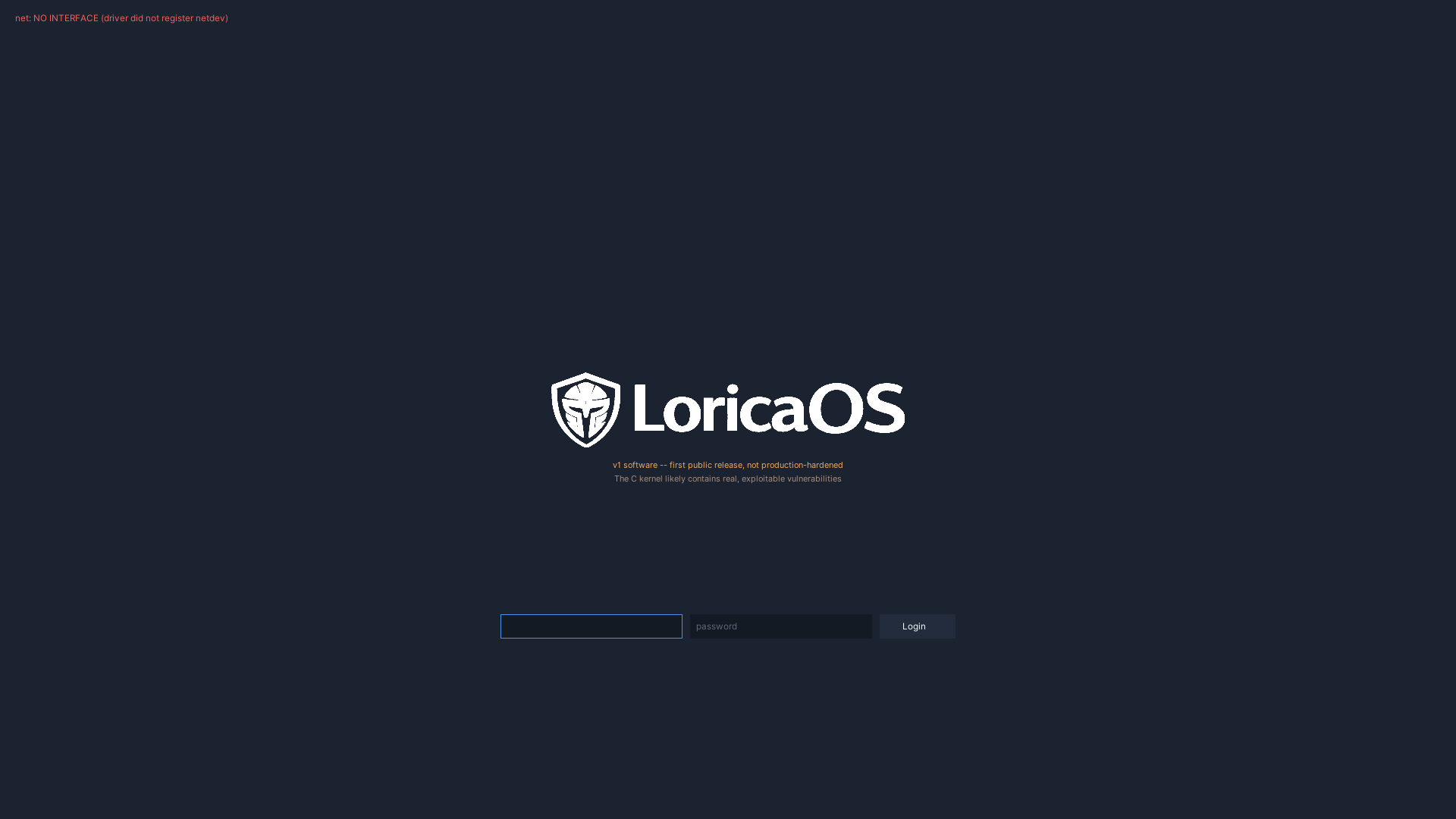 The LoricaOS greeter / login screen at 1080p